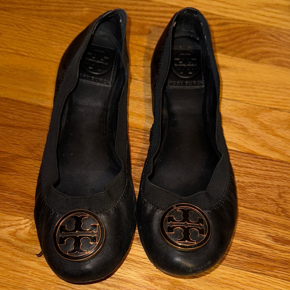Tory Burch Black Leather Flats with Gold Logo